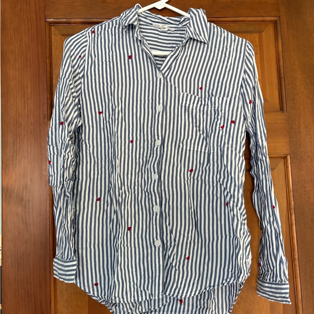 Blue and White Striped Linen Shirt with Embroidered Hearts